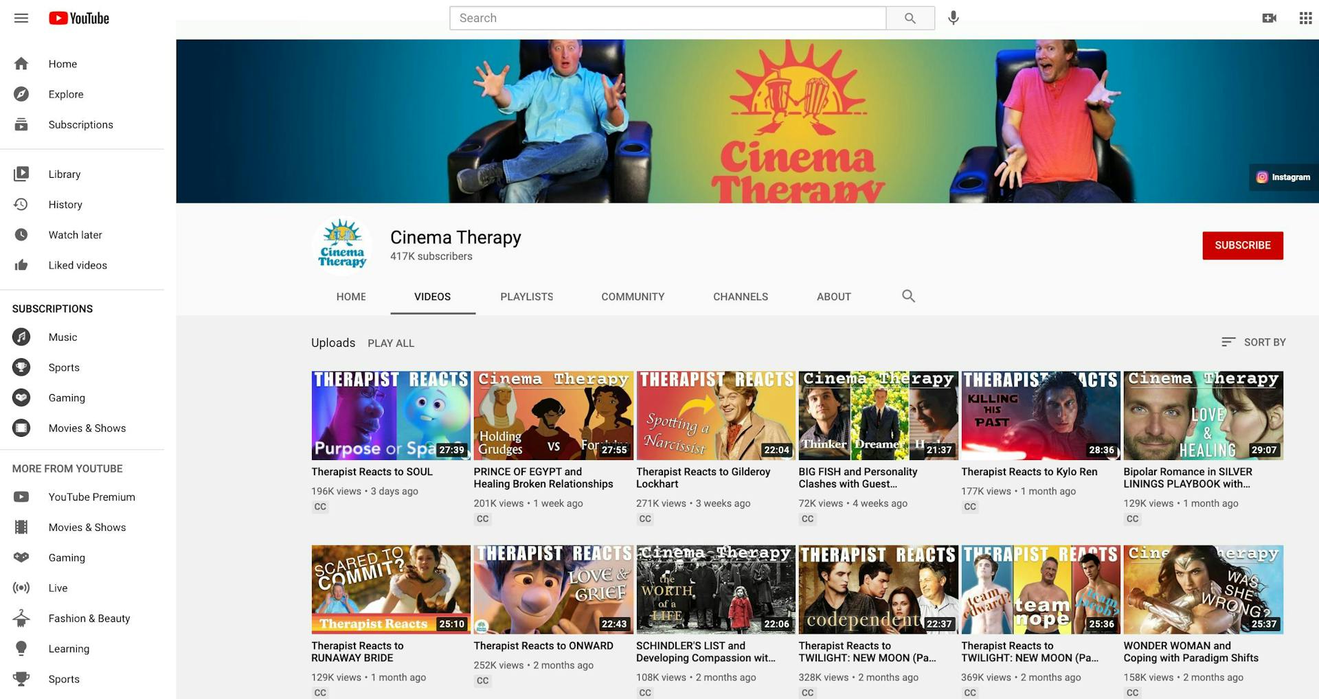 Liste des vidéos de la chaîne YouTube de Cinema Therapy 