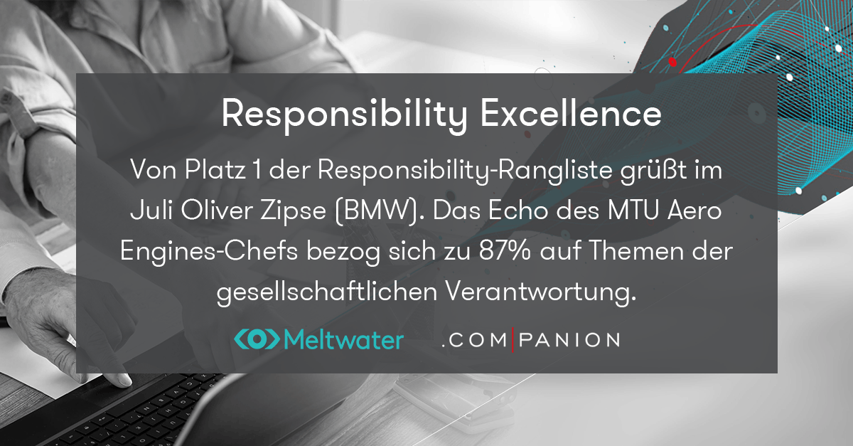 Meltwater und .companion CEO Echo im Juli 2021. Dieser Banner zeigt die Kategorie "Responsibility Excellence", in der Oliver Zipse, CEO von BMW, gewonnen hat.