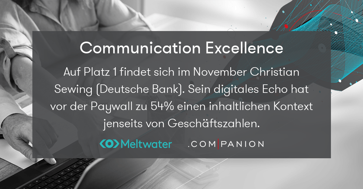 Meltwater und .companion CEO Echo im November 2020. Dieses Banner zeigt die Kategorie "Communication Excellence", in der Christian Sewing von der Deutschen Bank gewonnen hat.