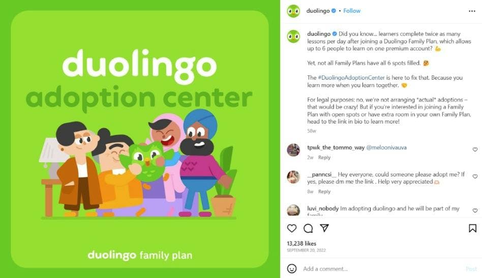 Social Media Post zum Duolingo adoption center