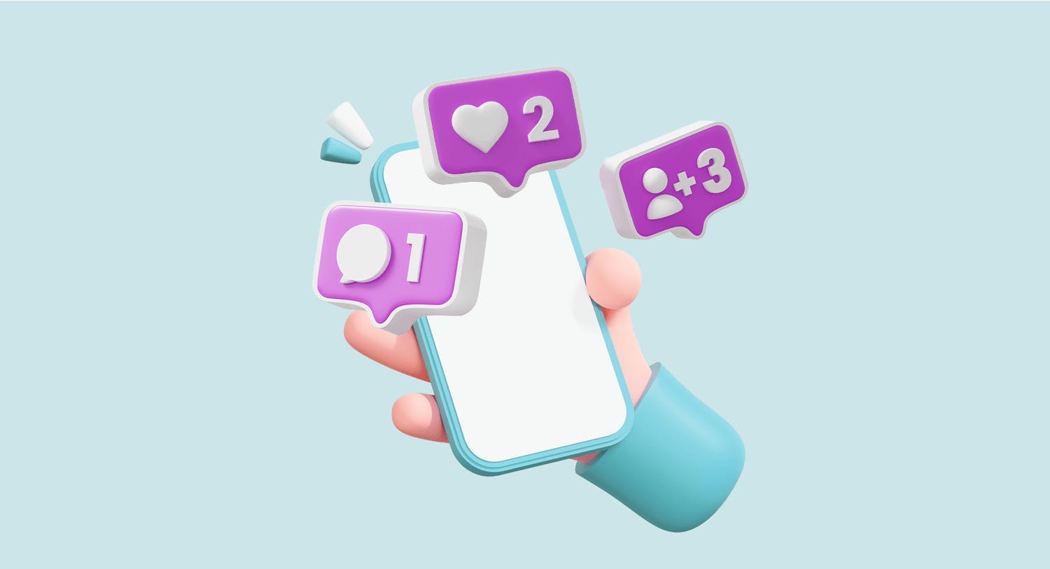 3D Illustration einer Hand mit einem Smartphone mit Likes, Kommentaren und Follows als Titelbild für unseren ultimativen Influencer Marketing Guide