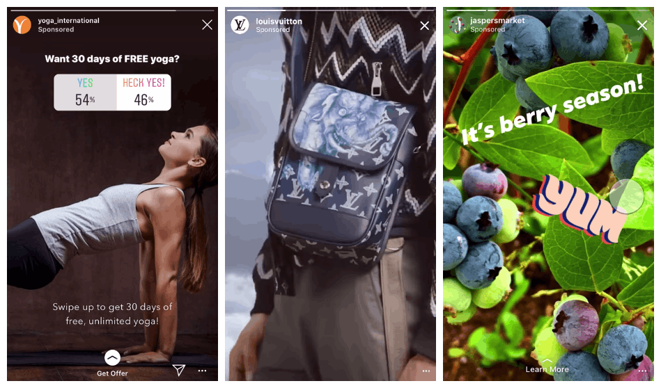 L to R (Instagram Stories): Image ad for Yoga International with a poll sticker, video ad for Louis Vuitton bags, carousel image ad for Jasper's Market produce