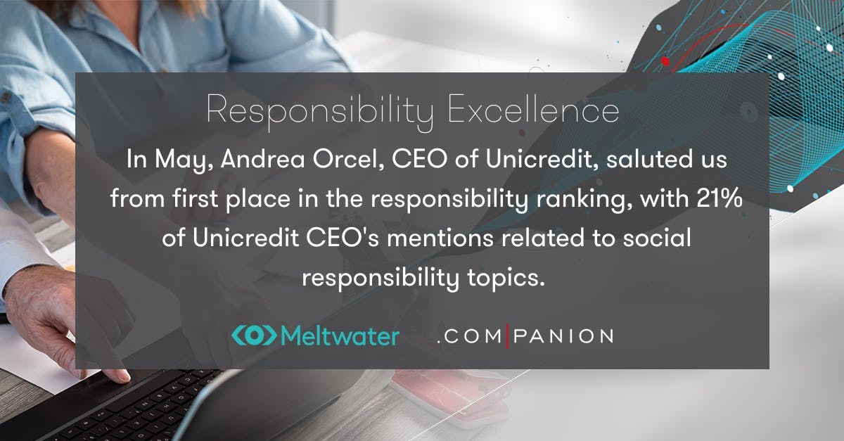 In May, Andrea Orcel, CEO of Unicredit, saluted us from first place in the responsibility ranking, with 21% of Unicredit CEO's mentions related to social responsibility topics.