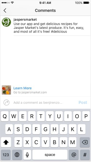 Screenshot Comments section on Instagram with CTA