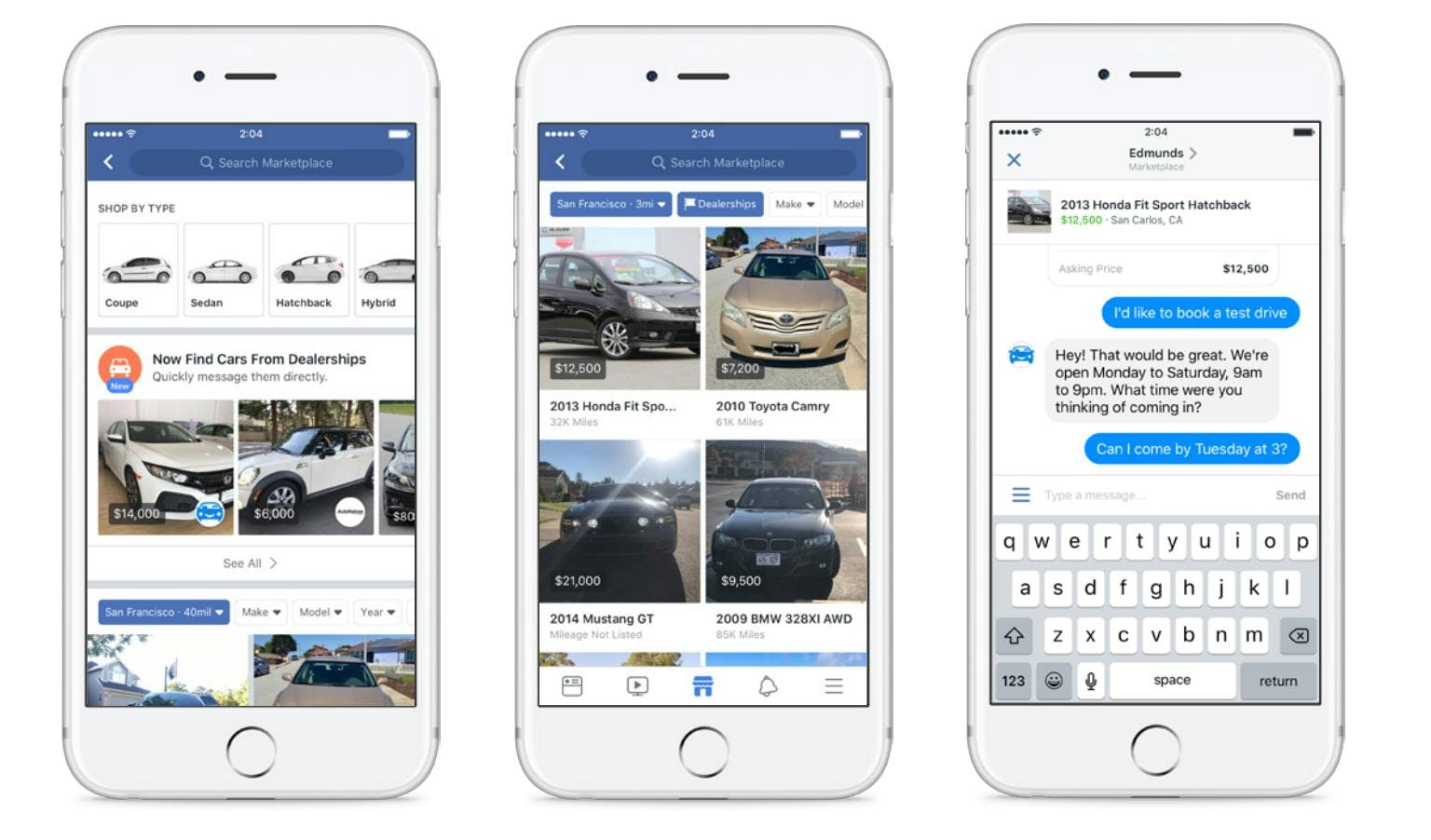 screenshot of 3 mobile phones using facebook marketplace to buy and sell cars