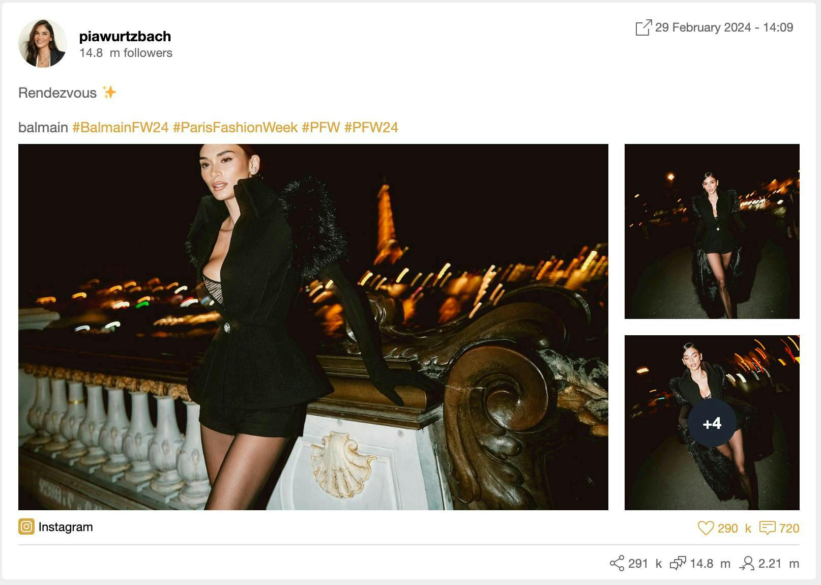 An Instagram post by Pia Wurtzbach showing her in a Balmain look with the Eiffel Tower in the background.