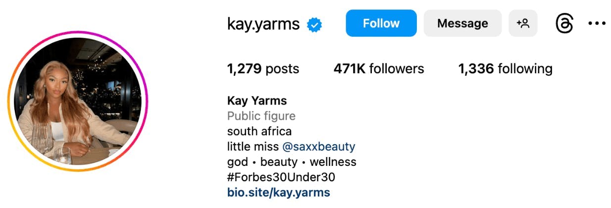 Top beauty influencers in South Africa: Key Yarms Instagram Profile