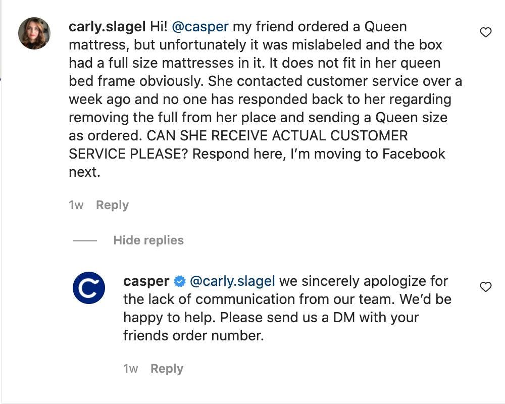 Capser mattress's response to a dissatisfied Instagram comment
