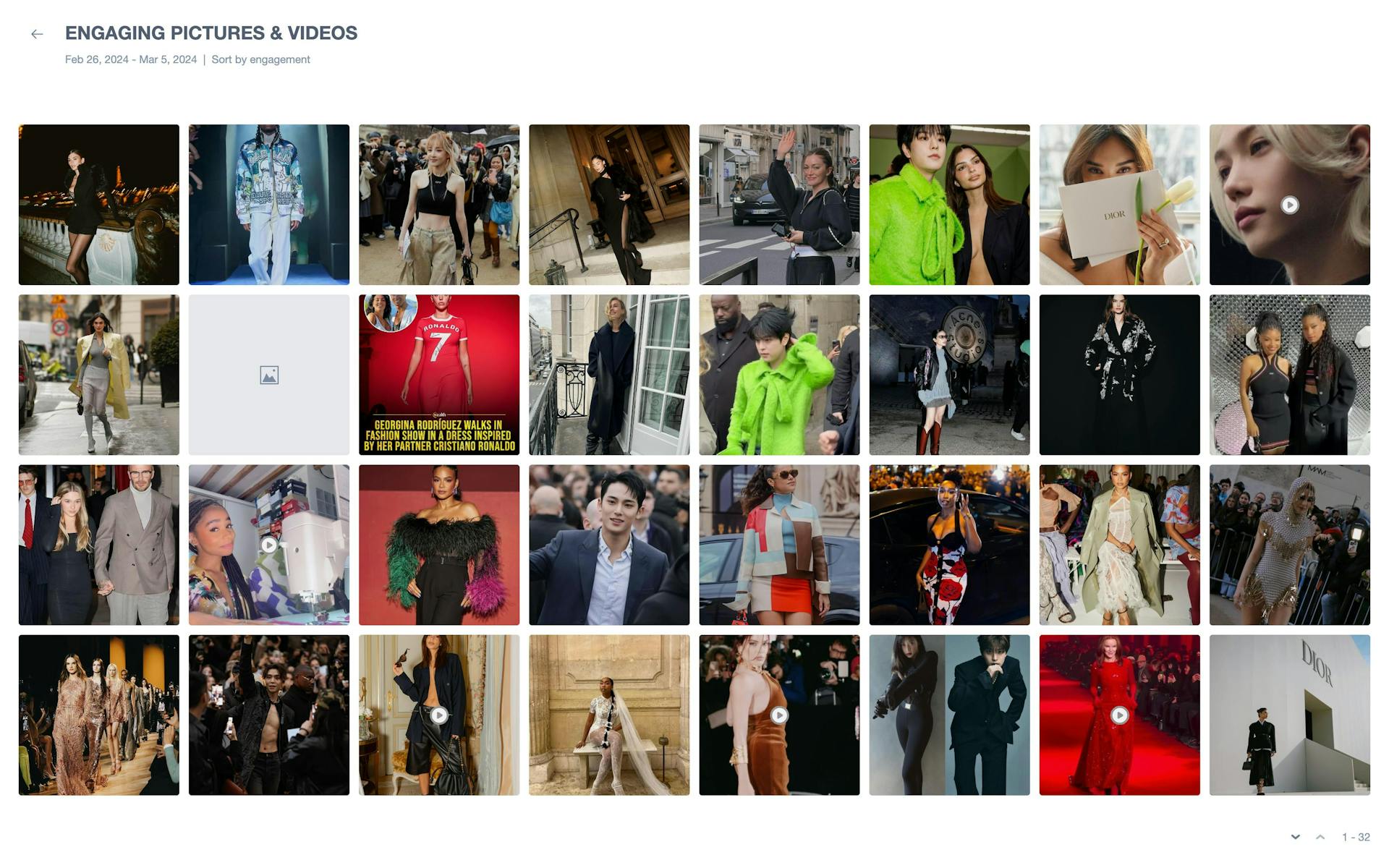 A grid of 32 images showing the most engaging pictures and videos from Paris Fashion Week.