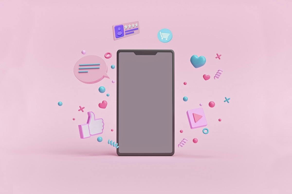 An illustrated version of a smartphone with confetti and social media iconography, like a heart and a Facebook like button, floating around the phone. These celebratory symbols and icons represent the engagement notifications a community manager would hope to see after implementing a new social media marketing strategy. 
