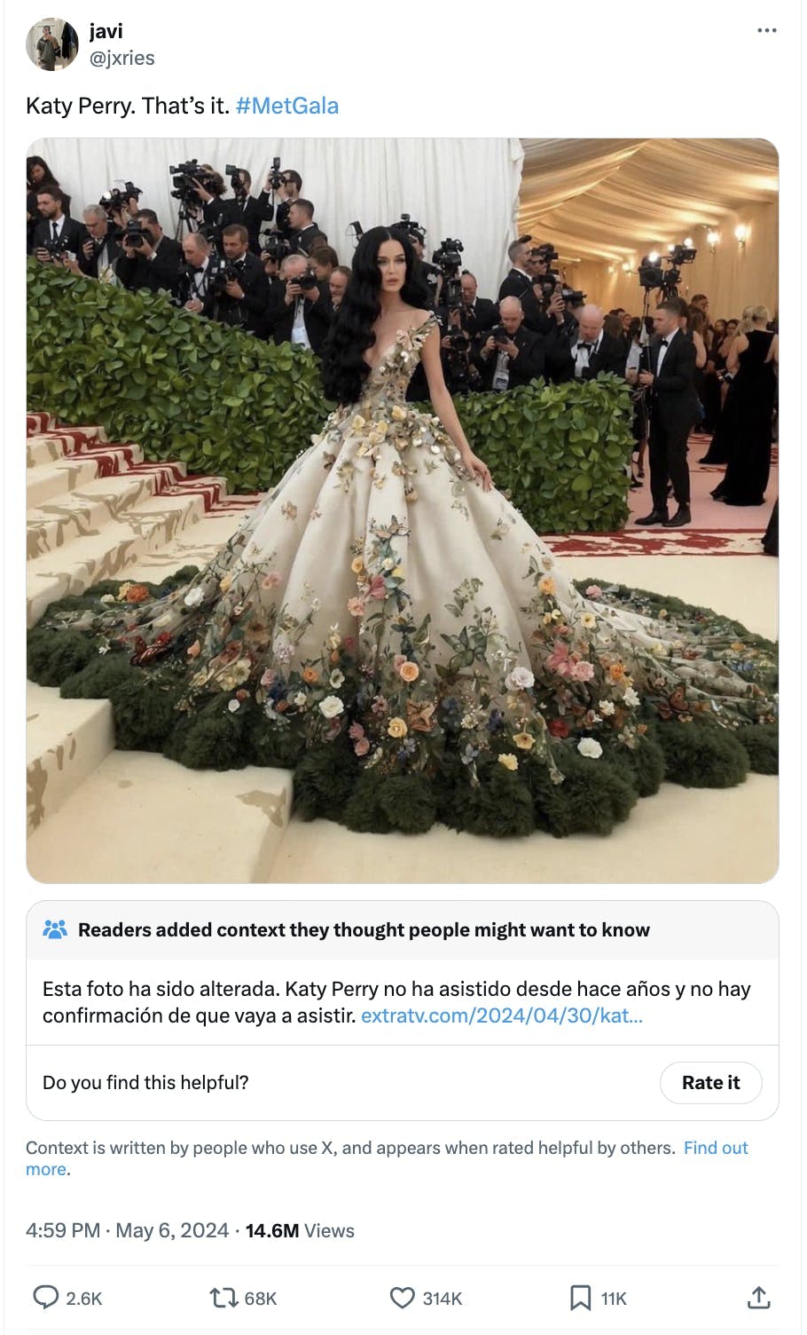A screenshot of a tweet that reads, "Katy Perry. That's it. #MetGala." above an AI generated image of Katy Perry at this year's Met Gala wearing a long floral and moss gown.
