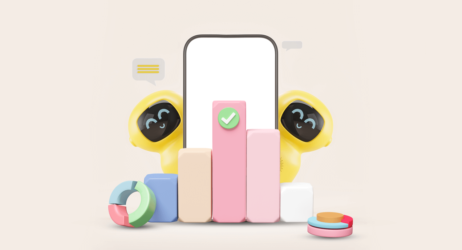Un histogramme rose, bleu et orange devant un smartphone derrière lequel se cachent 2 hommes-robots jaune souriants. Sur la plus haute statistiques de l'histogramme se trouve  une pastille de validation verte