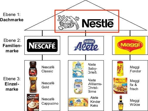 Infografik von Markenstrategien und Markenarten von Nestle inklusive Dachmarke, Familienmarken und Einzelmarken, wobei die Dachmarke hervorgehoben ist.