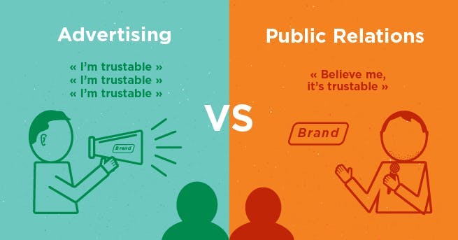 links: türkiser Hintergrund mit "Advertising", rechts: orangener Hintergrund mit "Public Relations", in der Mitte das Wort "vs"