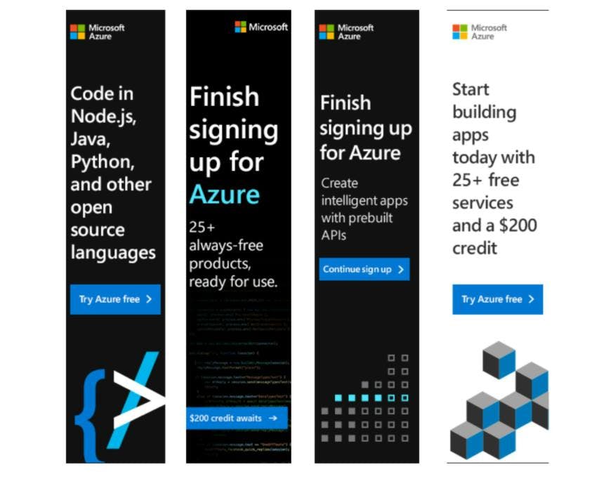 Exemples d'annonces display de Microsoft destinées aux codeurs.