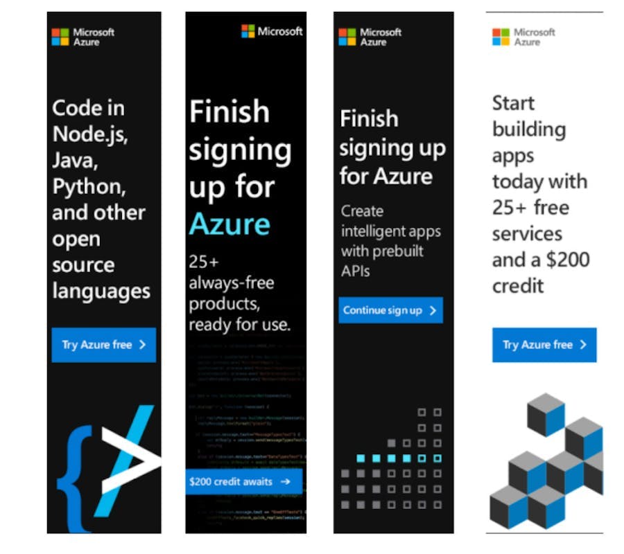 Exemples d'annonces display de Microsoft destinées aux codeurs.