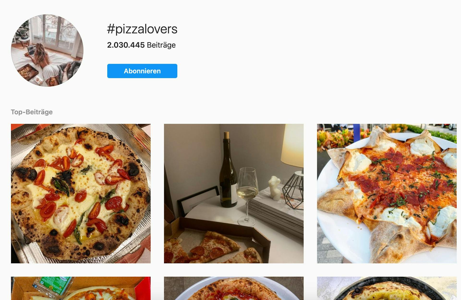 Screenshot vom Instagram #pizzalovers im Paragraphen zur Frage, wofür Hashtags verwendet werden