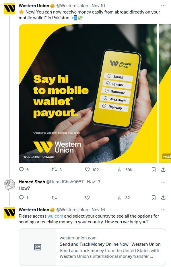 Exemple du service client de Western Union