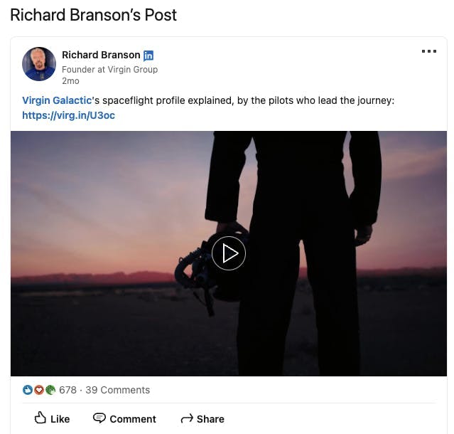 Screenshot of Richard Branson's LinkedIn post