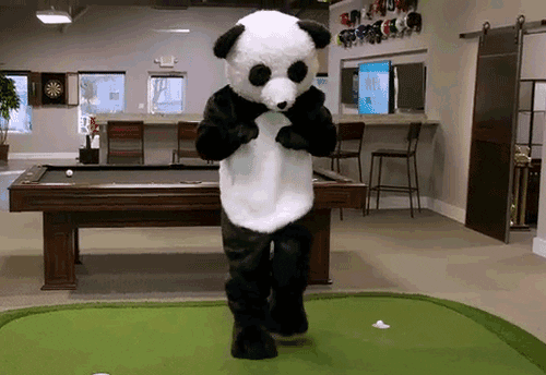 Ein Mensch im Panda-Kostüm tanzt