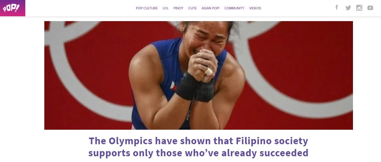 Image of The Inquirer article on Olympics gold medal winner Hidilyn Diaz