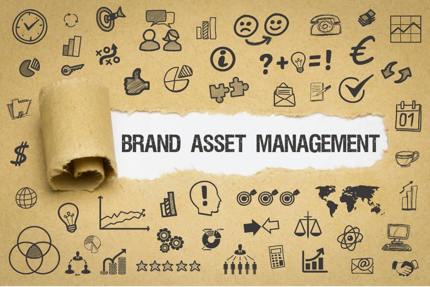 Papier cartonné qu'on déchire au centre pour laisser entrevoir le mot "brand asset management" en majuscule noir / autour, de nombreuses icônes liées au marketing, à l'économie...