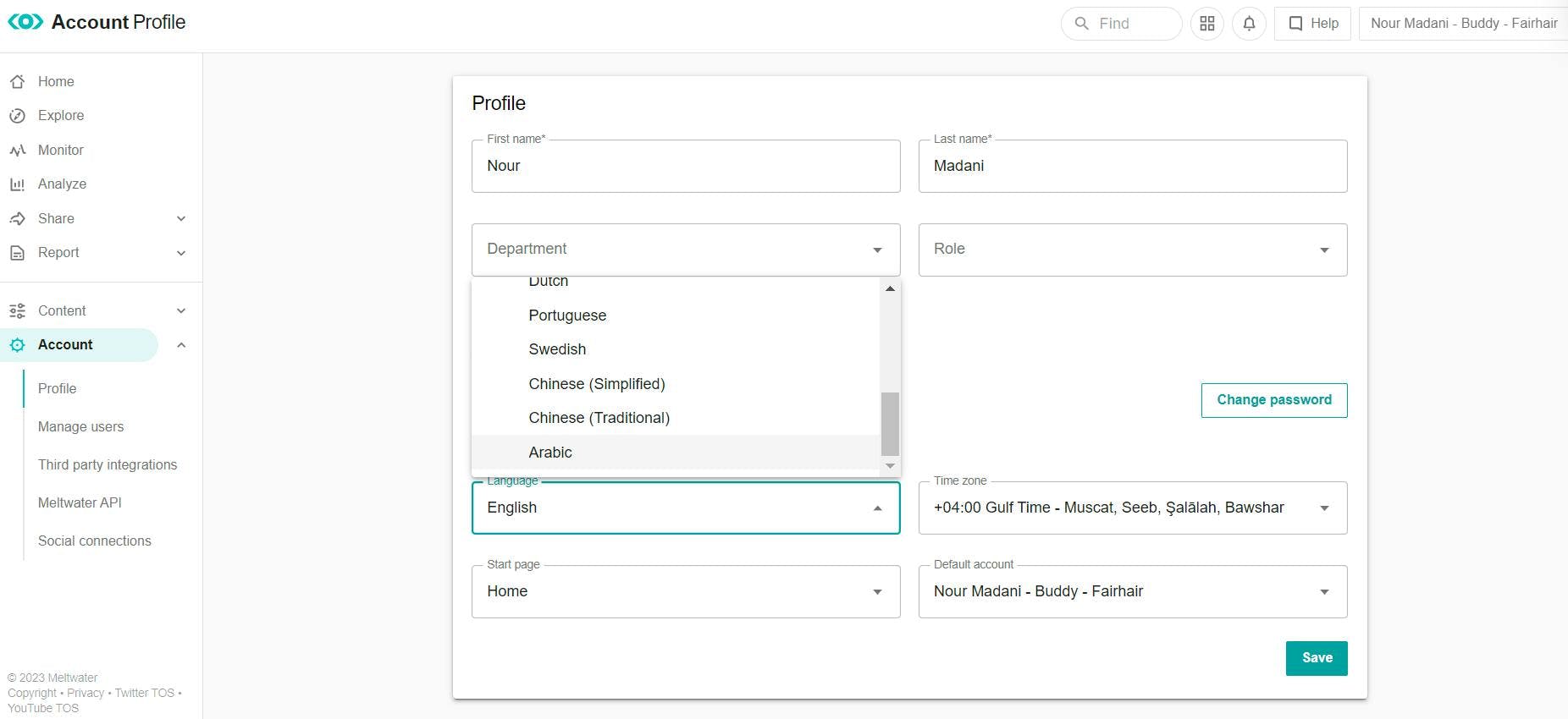 Step 1 for setting Arabic interface in Meltwater