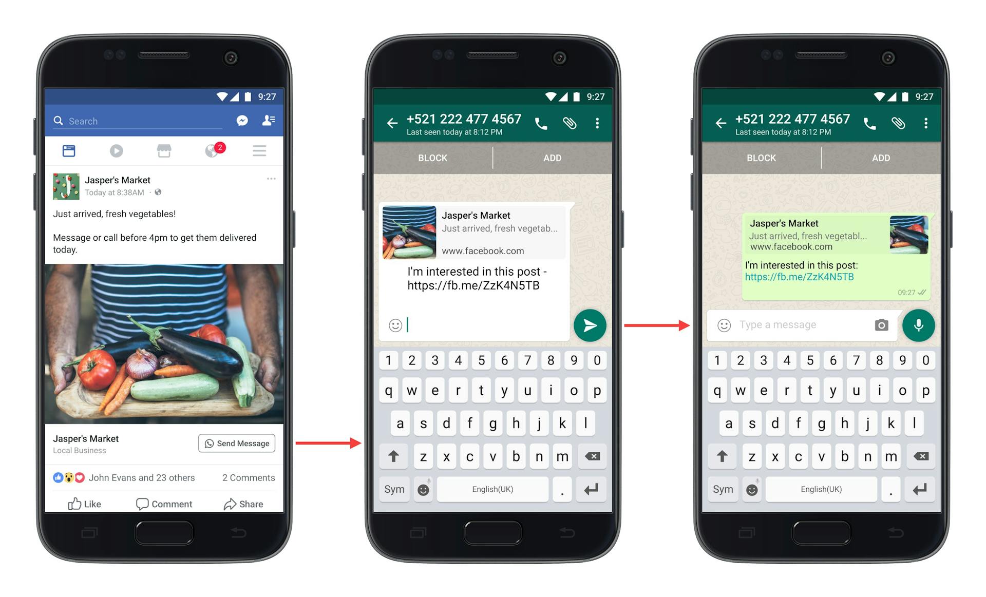 A click-to-message ad in Facebook that opens a conversation in WhatsApp