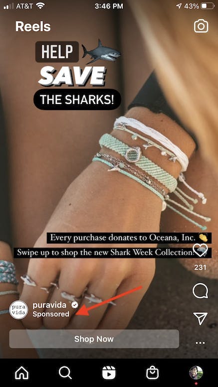 Example of an Instagram Reel ad showing the sponsored tag underneath the profile name
