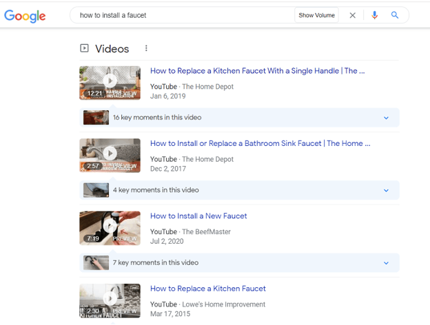 Google search results for how to install a faucet.