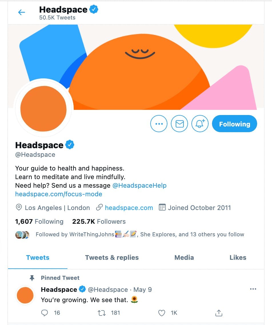 Headspace Twitter account showing pinned Tweet with simple value statement