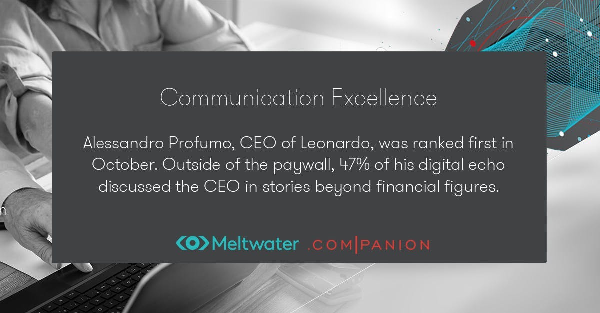 Alessandro Profumo, CEO of Leonardo, was ranked first in October. Outside of the paywall, 47% of his digital echo discussed the CEO in stories beyond financial figures.