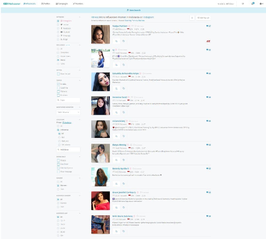 A screenshot of Meltwater's influencer tool