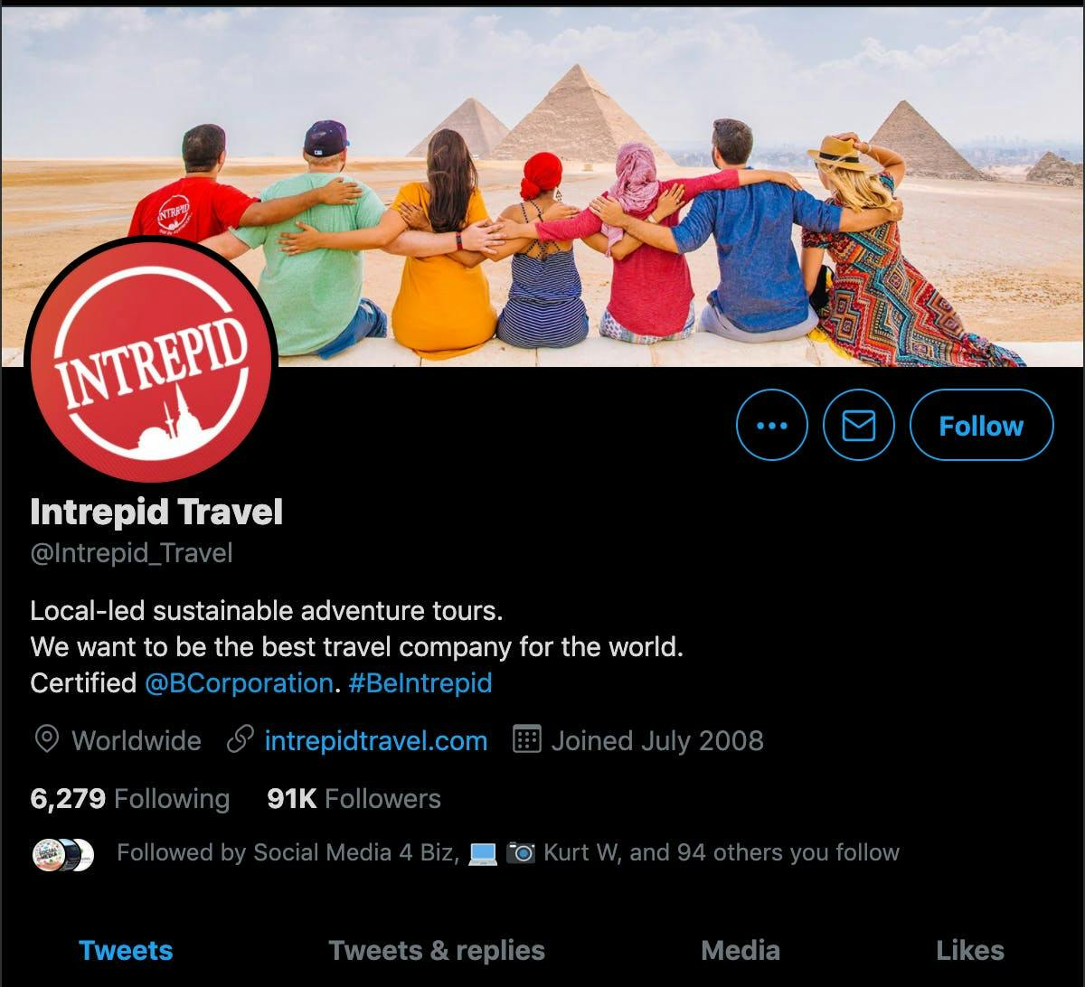 A screenshot of Intrepid Travel's X/Twitter bio