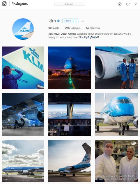 Een screenshot van de instagram pagina van KLM.