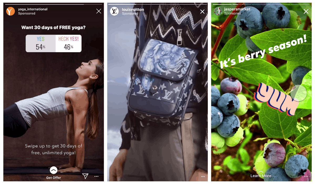 L to R (Instagram Stories): Image ad for Yoga International with a poll sticker, video ad for Louis Vuitton bags, carousel image ad for Jasper's Market produce