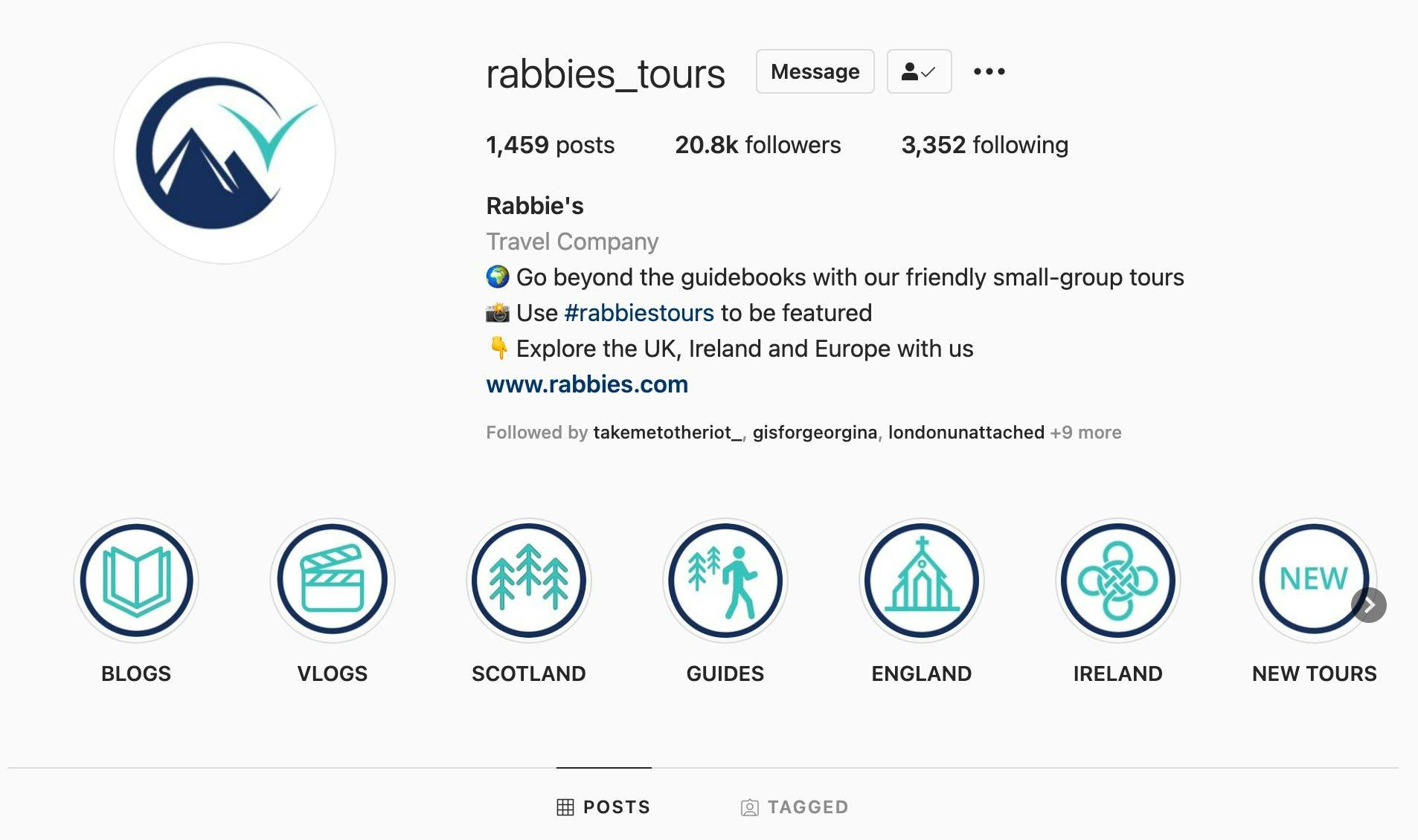 Example of an Instagram profile for a tour company, using consistent icon styling in their Instagram Highlights row