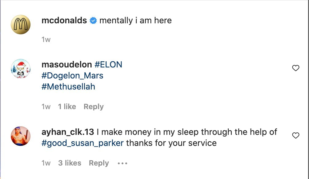 Roskapostikommentteja Mcdonald'sin Instagram julkaisussa.