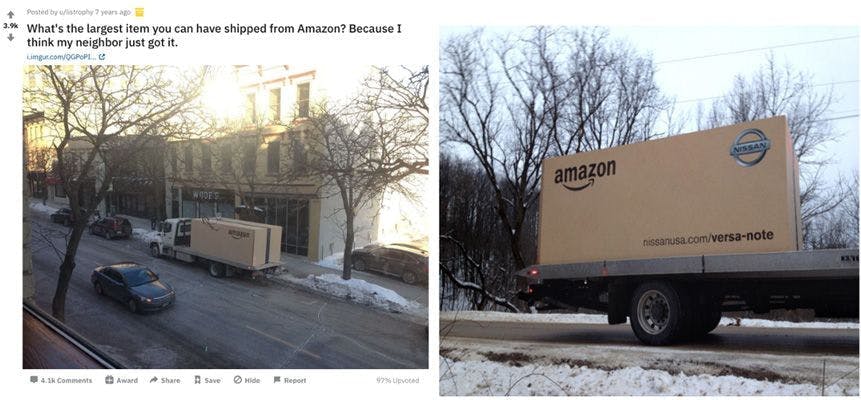 Ein Reddit Beitrag wo ein Bild gepostet wurde, auf dem man einen riesigen Amazon Karton auf einem LKW sieht, mit der Bildunterschrift: What's the largest item you can have shipped from Amazon? Because I think my neighbour just got it.