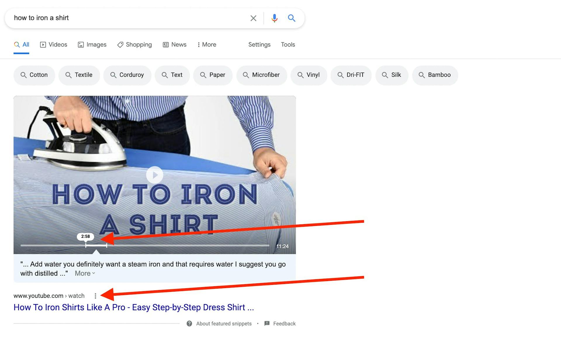Google search result for the keyword "how to iron a shirt" showing a suggested timestamp to answer that specific question