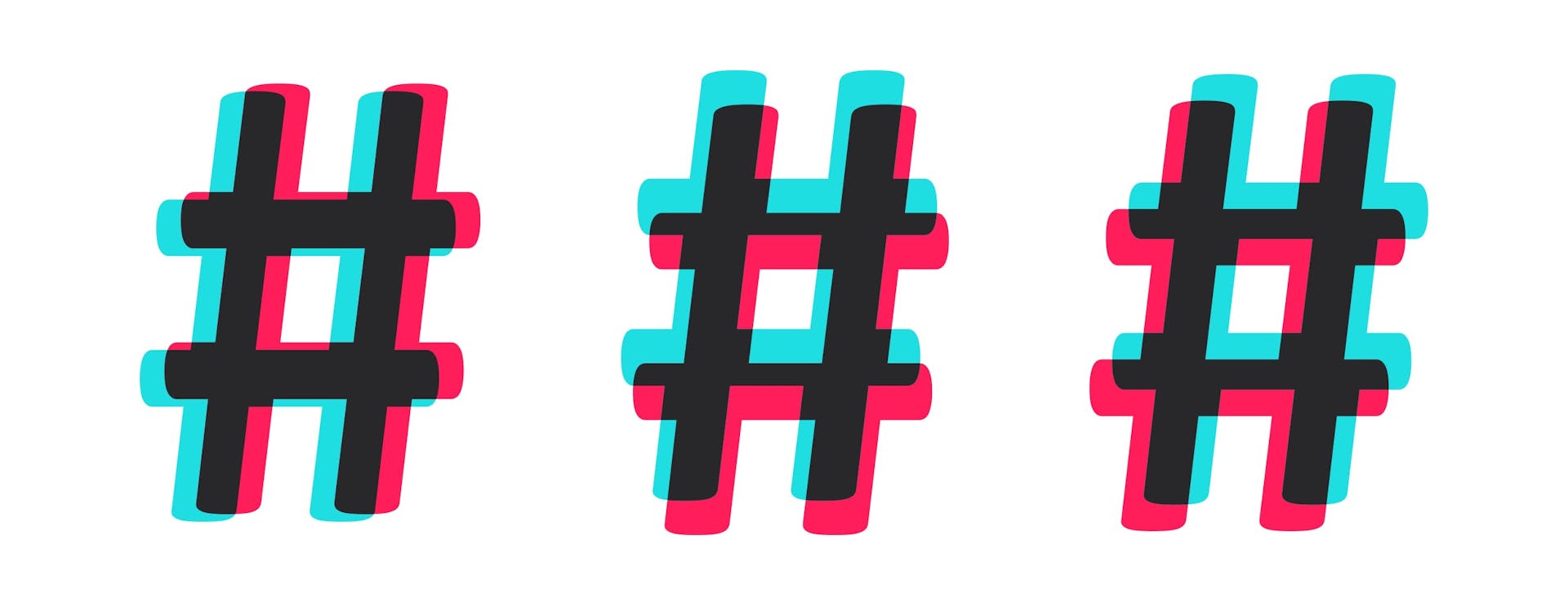 Kuvituskuva hashtageistä TikTokin ilmeellä sisältäen turkoosia, punaista ja mustaa.