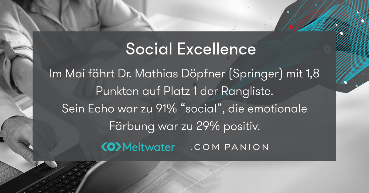 Meltwater und .companion CEO Echo im Mai 2023. Dieser Banner zeigt die Kategorie "Social Excellence", in der Dr. Mathias Döpfner von Springer gewonnen hat.