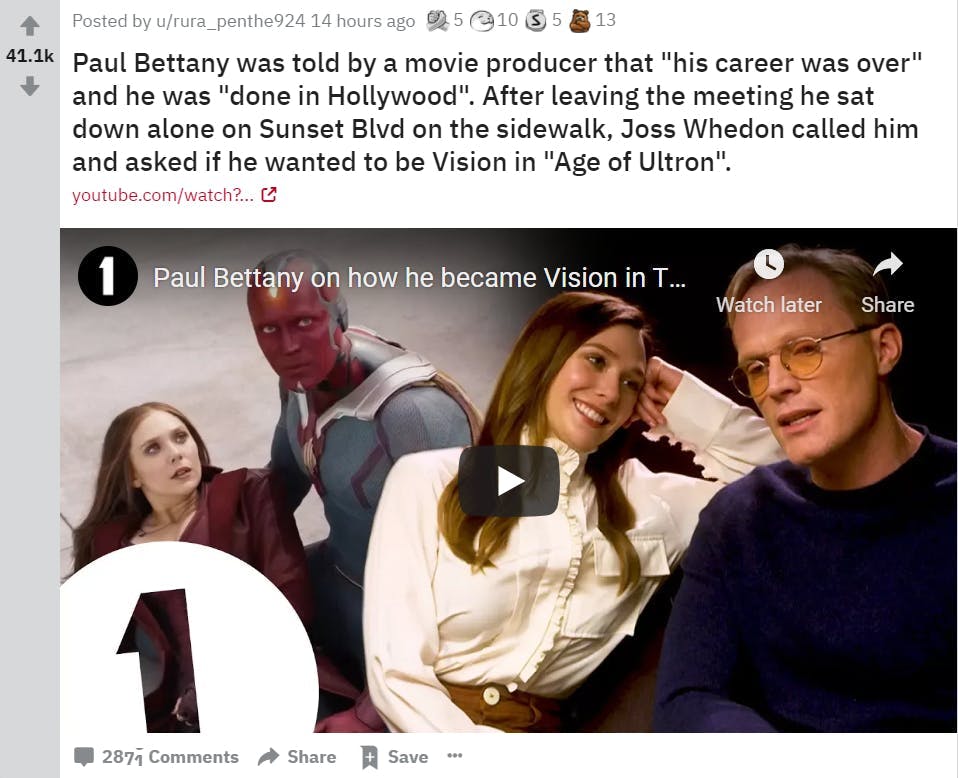 screenshot of reddit marketing and discussion on how paul bettany became vision