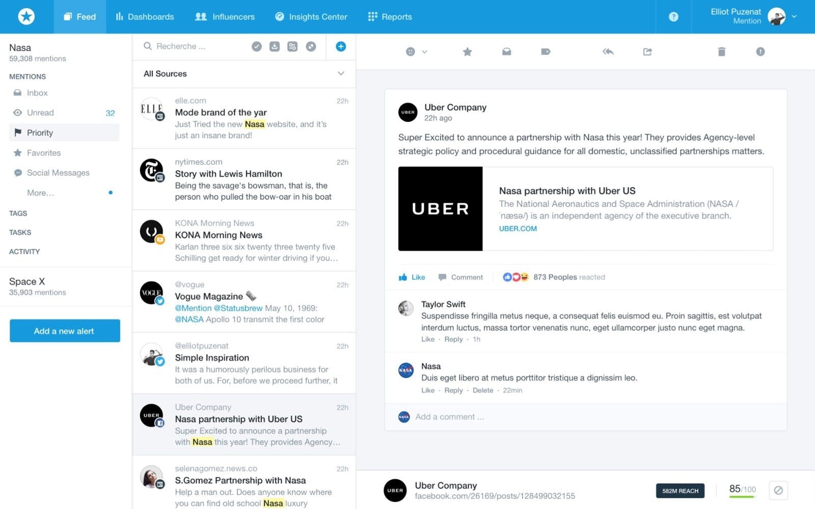 Mention's dashboard for social listening showing feeds and an action panel on the left