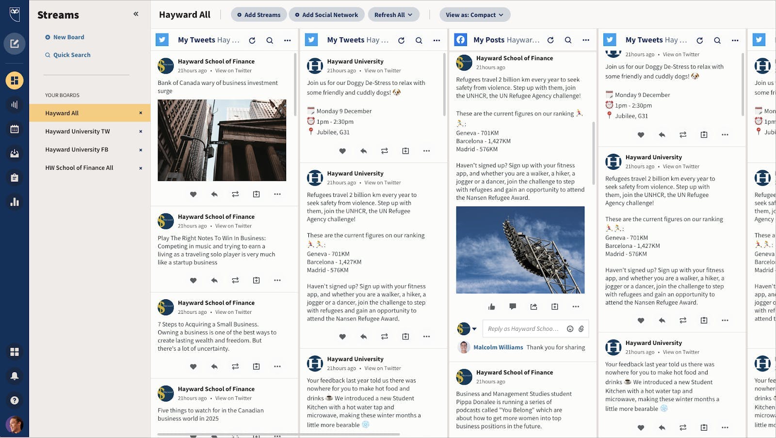 Afbeelding van Hootsuite Streams dashboard voor social media monitoring die social feeds laat zien