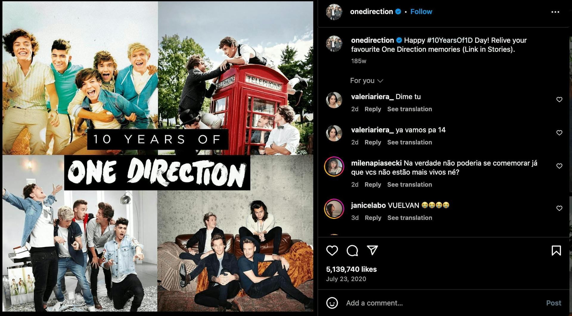 One Direction 10 year anniversary Instagram post in our blog with the top UK influencers