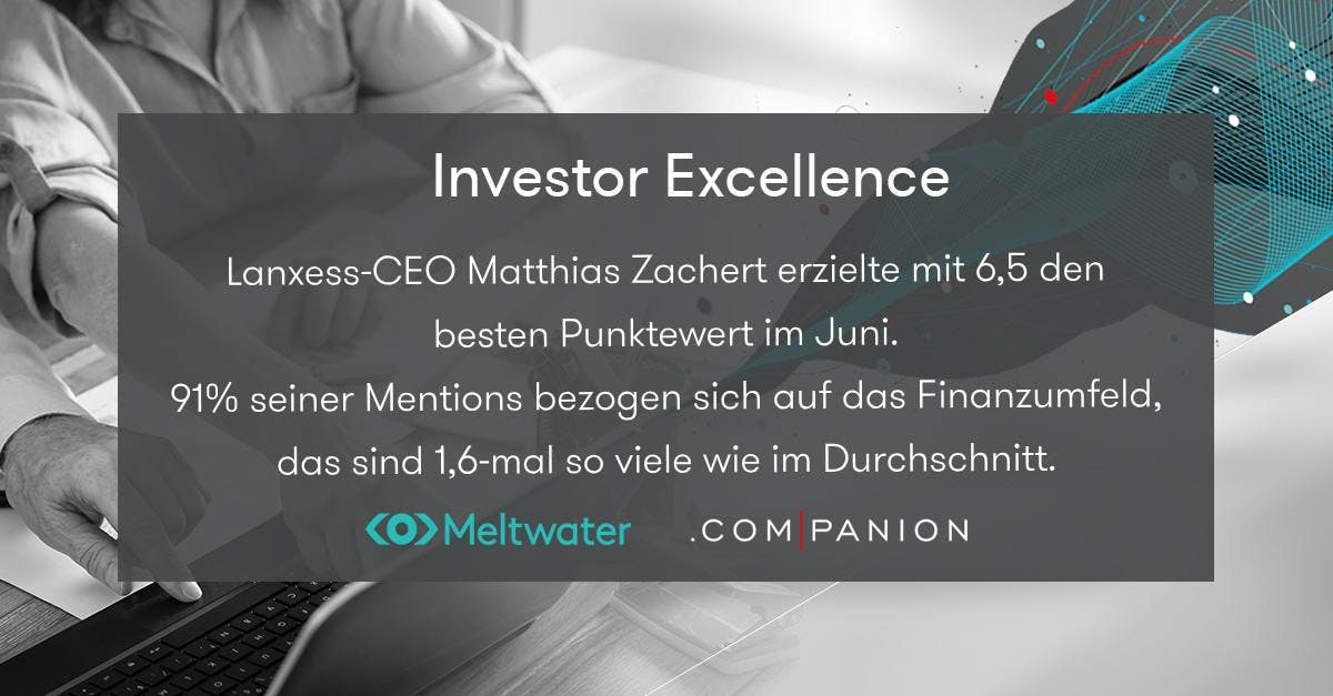 Meltwater und .companion CEO Echo im Juni 2023. Dieser Banner zeigt die Kategorie "Investor Excellence", in der der Lanxess-CEO Matthias Zachert gewonnen hat.