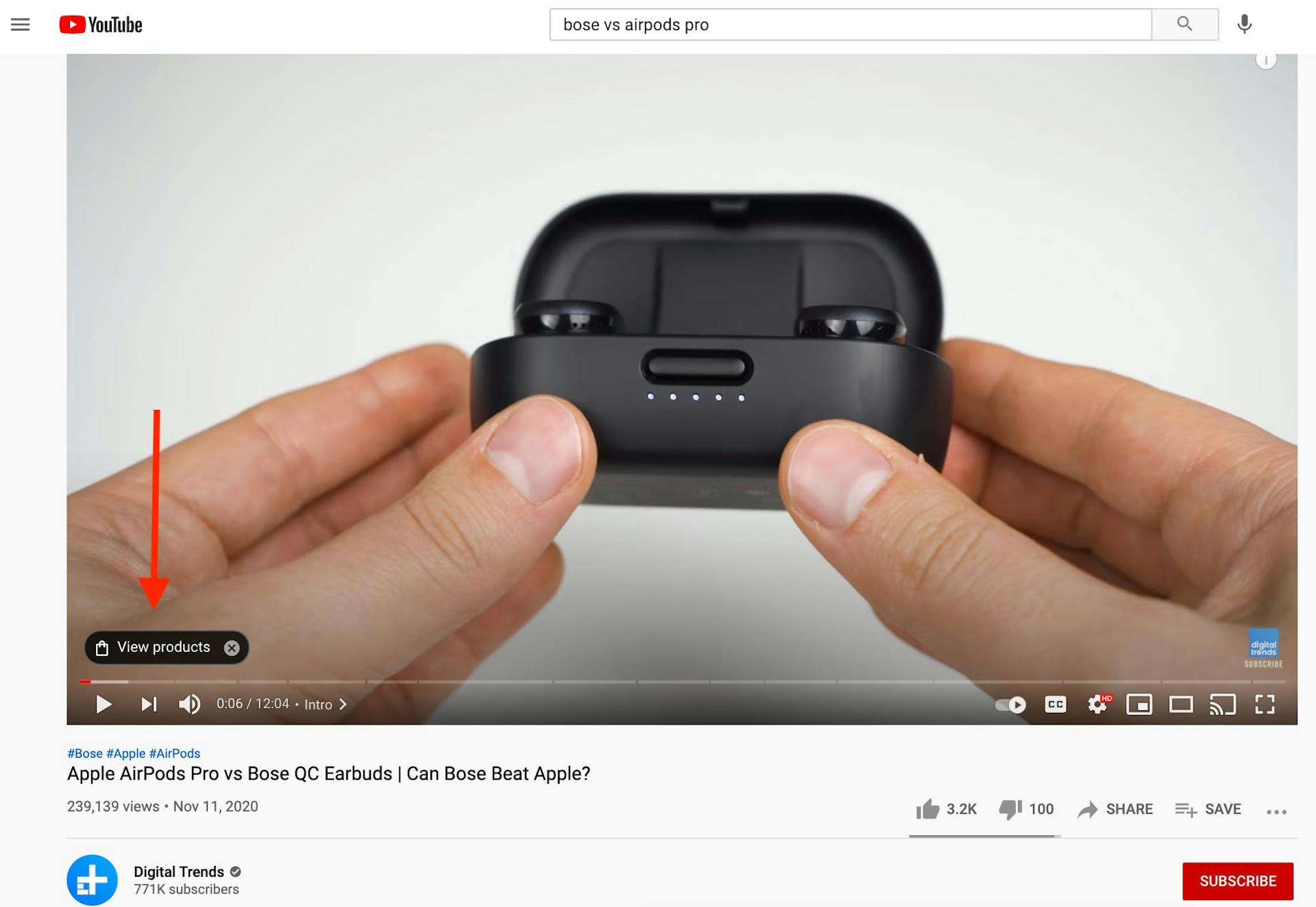 Vidéo YouTube comparant deux paires d'écouteurs avec bouton publicitaire de visualisation produit 