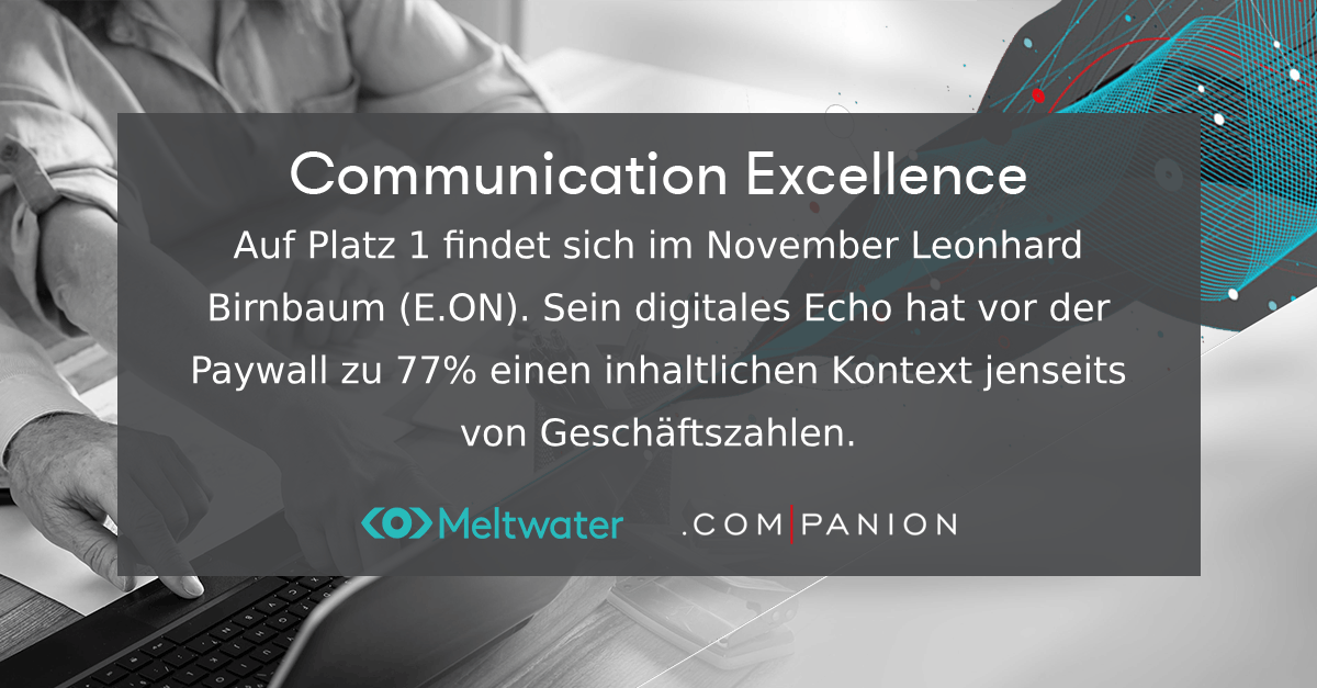 Meltwater und .companion CEO Echo im November 2023. Dieser Banner zeigt die Kategorie "Communication Excellence", in der Leonhard Birnbaum von E.ON gewonnen hat.