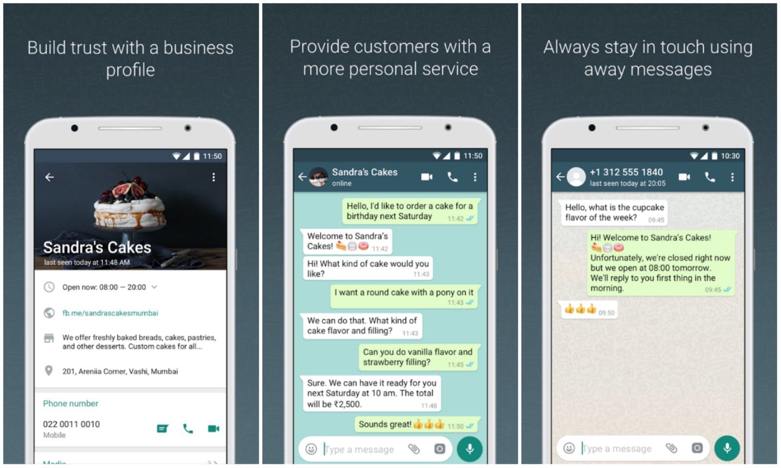 Exemple de fil de discussion WhatsApp entre une entreprise, Sandra's Cakes et un client